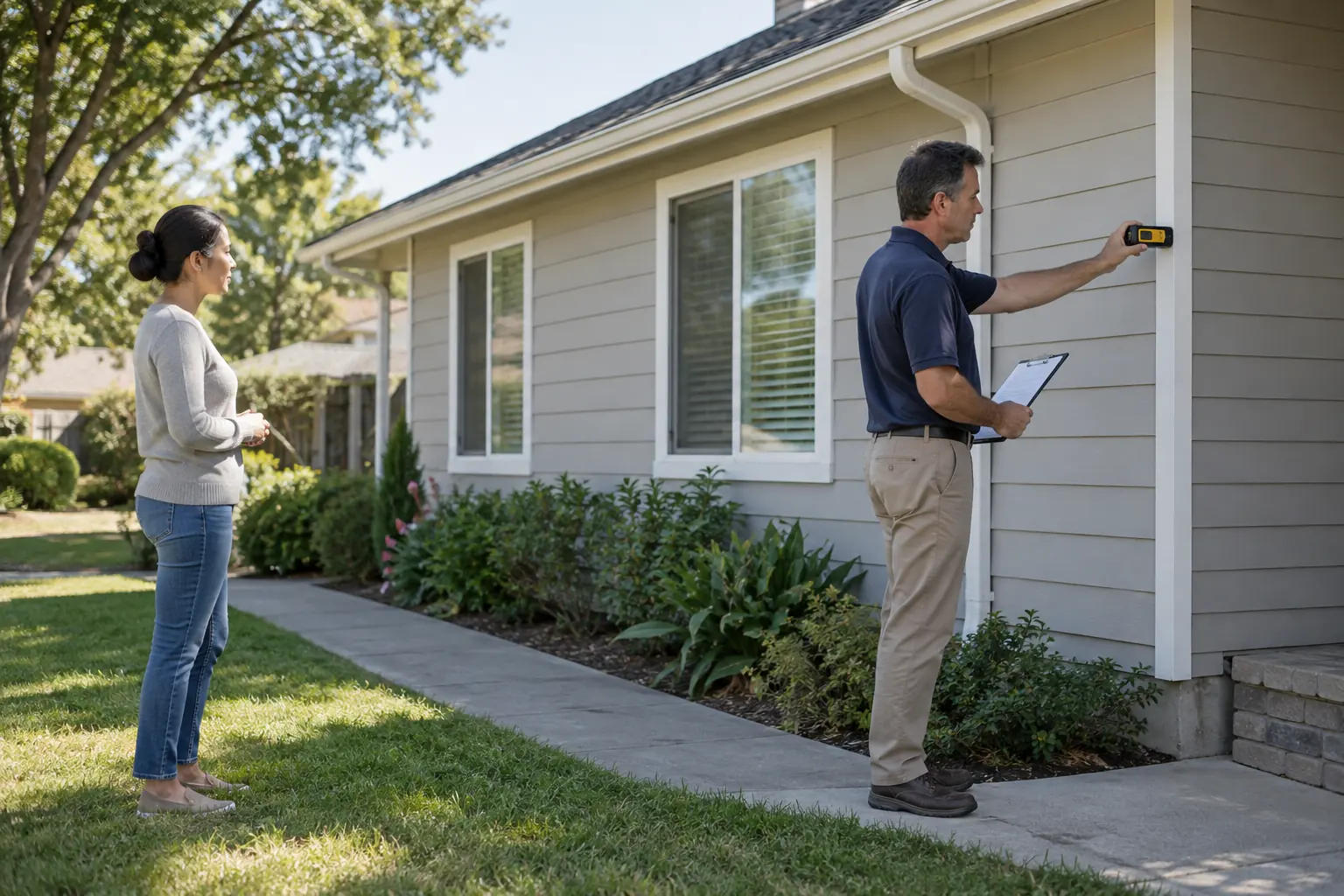 Residential appraiser measuring the exterior of a modest home