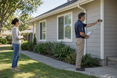 Residential appraiser measuring the exterior of a modest home