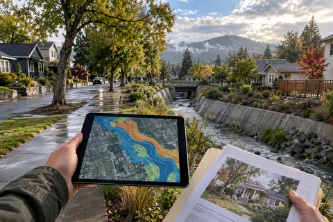 Comprador comparando un expediente con un mapa de riesgo de inundación tras la lluvia