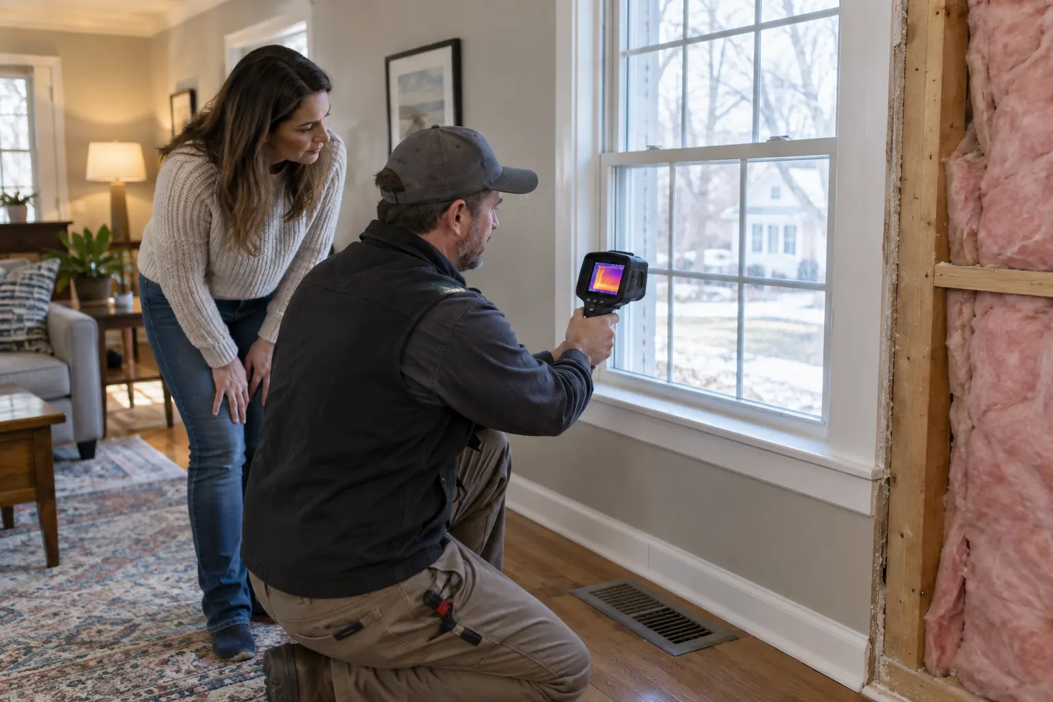 Home energy assessor using an infrared camera near a window while a homeowner observes