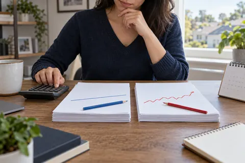 Borrower comparing stable and changing mortgage payment paths at a desk