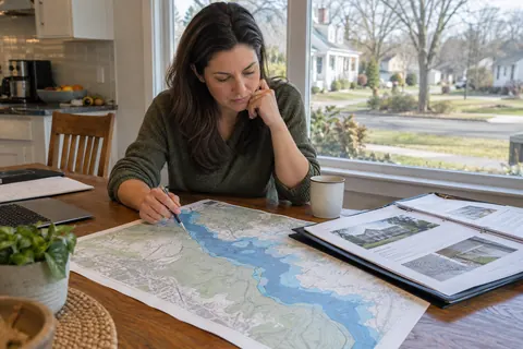 Homebuyer examining a flood-risk map and property documents at a kitchen table