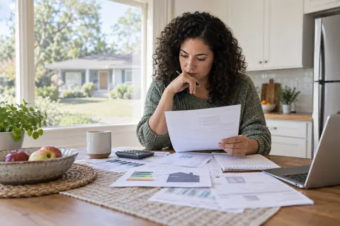 Homebuyer reviewing energy documents and utility bills at a kitchen table