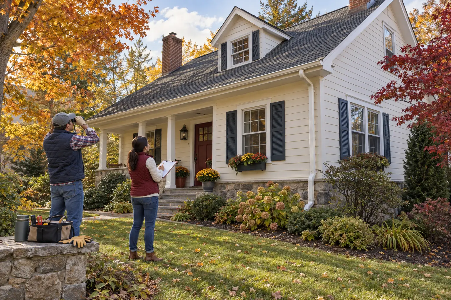 Homeowners reviewing roof drainage and exterior maintenance from ground level