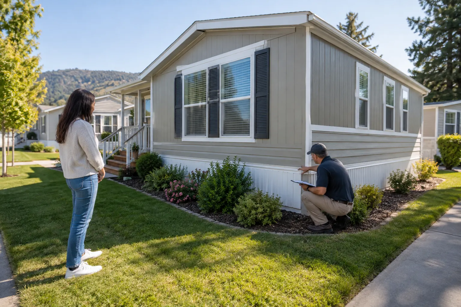 Buyer and inspector examining the exterior of a manufactured home and its foundation