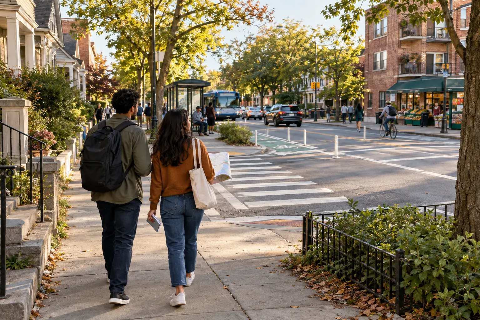 Prospective buyers walking a mixed residential neighborhood with a map