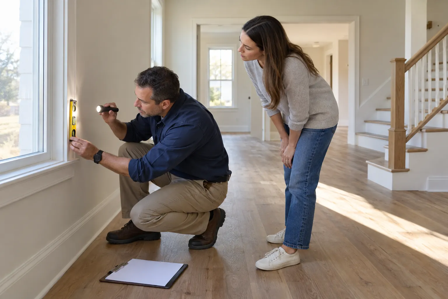 Inspector and buyer checking a window during a new-home final walkthrough