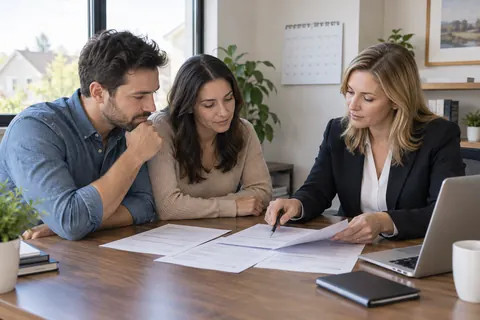 Homebuyers comparing mortgage documents with a loan professional