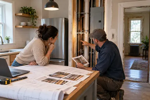 Buyer and building professional reviewing concealed renovation work and plans