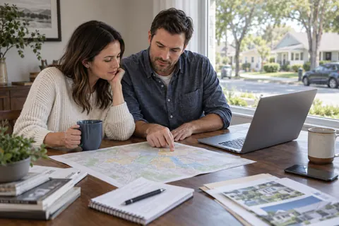 Compradores consultando un mapa del vecindario y notas de la vivienda