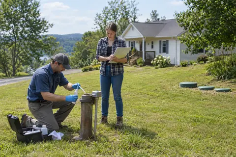 Inspector tomando una muestra de agua de pozo junto a una vivienda rural