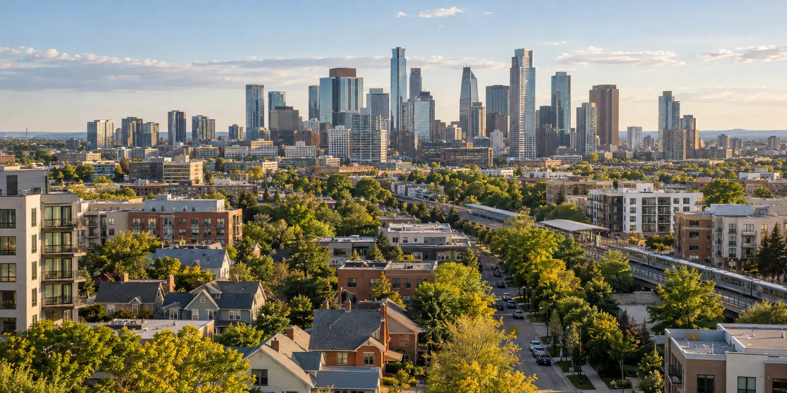 Panorama of housing, neighborhoods, transit and a downtown in a U.S. metropolitan market
