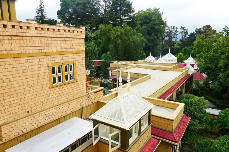 Roof of Winchester Mystery House photographed in 2019; a named architectural example, not an inspection of its condition